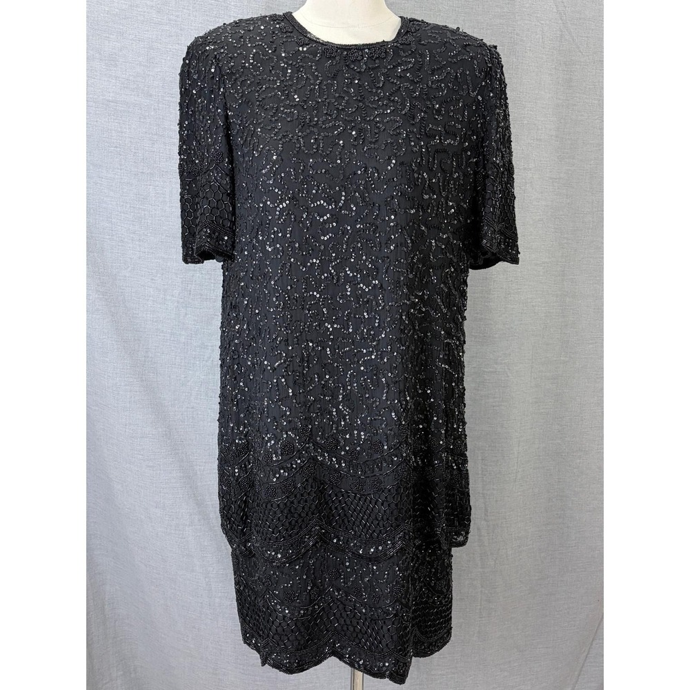 Brilliante by JA Vintage 80s Black Silk‎ Beaded Sequin Cocktail Dress L